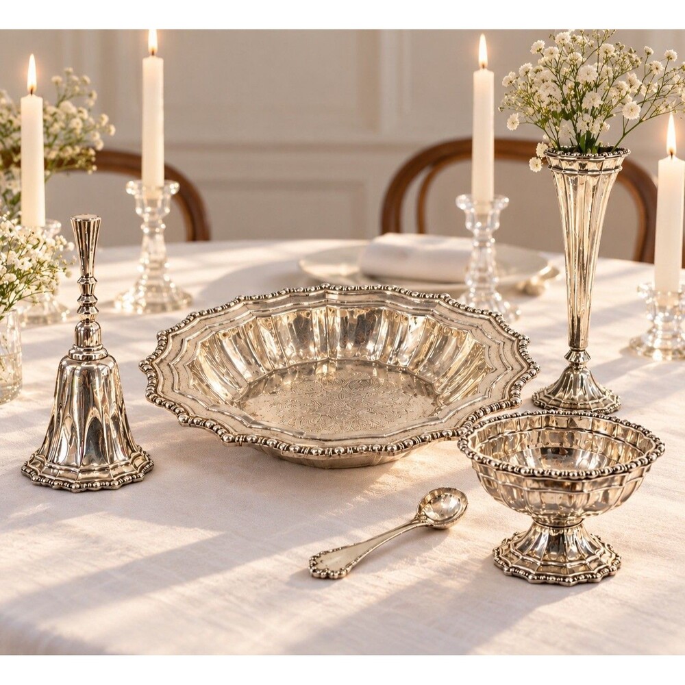 Vintage Avon Silverplate 5 Piece Lot Serving Bowls Bell Bud Vase Spoon Ornate